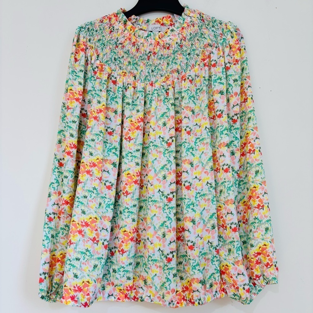 LOFT Boho Yellow Green Floral pink long sleeve mock neck pleated retro blouse XL